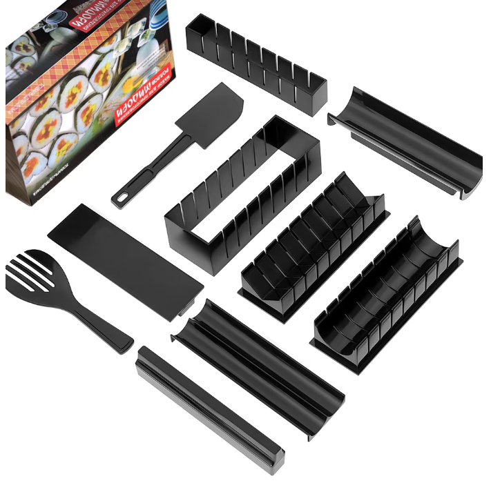 Set 10 accesorii pentru preparare Sushi din plastic negru